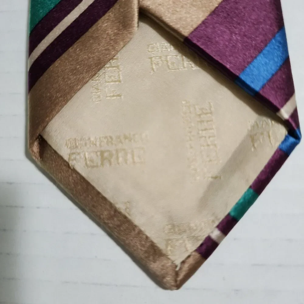 Gianfranco Ferre Italy Mens Silk Tie Beige Red Blue Green Striped Logo 3x55 Neck